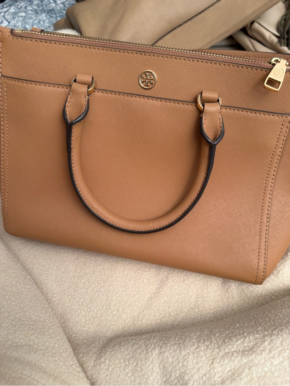 Tory Burch Robinson Camel/Tan Saffiano Leather Satchel with Gold Hardware